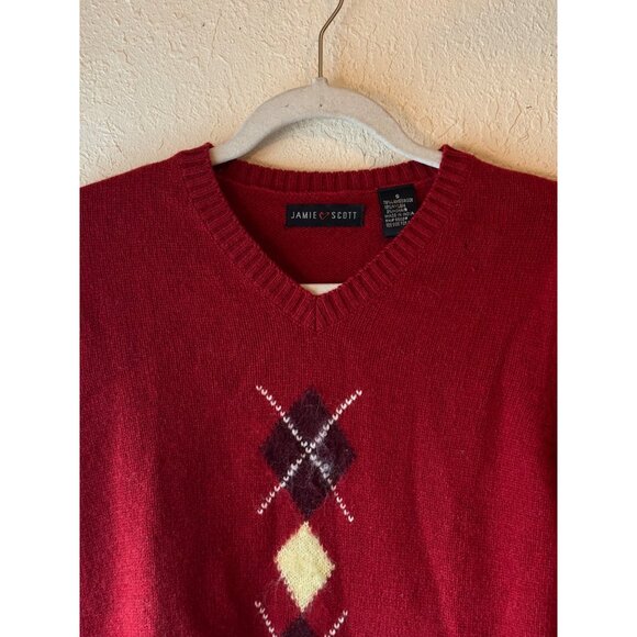 vintage Jamie Scott Red Argyle V-Neck long sleeve Sweater Small Made In India - Picture 3 of 11